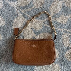 Coach Tan Leather Wristlet with Gold Chain